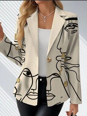**Abstract Line-Art Blazer Jacket in Cream Pit 24 Length 25"